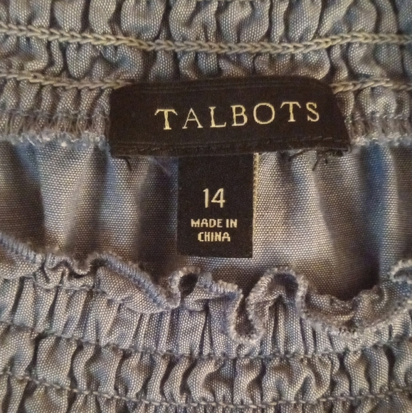Talbots Floral Embroidered Blue Chambray Smocked Neckline Cotton Dress Size 14 - Picture 7 of 9
